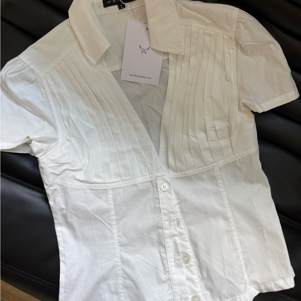 White Short Sleeve Button-Up Blouse